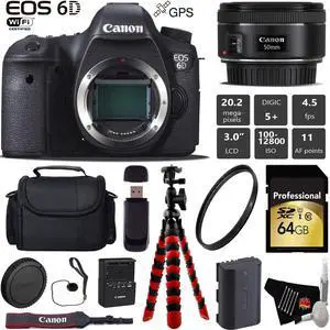 Canon EOS 6D DSLR Camera with 50mm f/1.8 STM Lens + Wireless Remote + UV Protection Filter + Case + Wrist Strap + Tripod + Card Reader - Intl Model