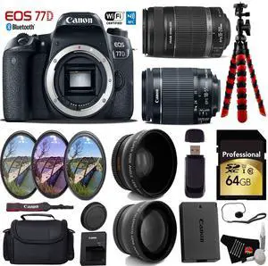 Canon EOS 77D DSLR Camera with 18-55mm is STM Lens & 55-250mm is II Lens + Tripod + UV FLD CPL Filter Kit + Wide Angle & Telephoto Lens + Camera Case + Card Reader - Intl Model