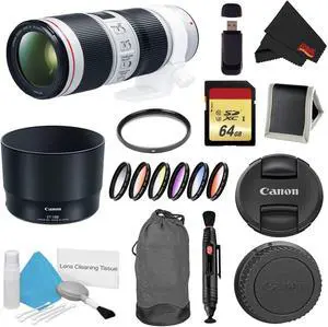 Canon EF 70-200mm f/4L IS II USM Lens Bundle w/ 64GB Memory Card + Accessories, UV Filter, and Color Multicoated 6 Piece Filter Kit (Intl Model)