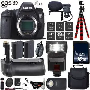 Canon EOS 6D DSLR Camera (Body Only) + Tripod + Professional Battery Grip + Condenser Microphone + Flash + Extra Battery + Case + Wrist Strap + Card Reader