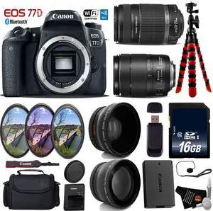 Canon EOS 77D DSLR Camera with 18-135mm is STM Lens & 55-250mm is II Lens + UV FLD CPL Filter Kit + Wide Angle & Telephoto Lens + Camera Case + Tripod + Card Reader - Intl Model