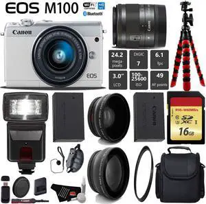 Canon EOS M100 Mirrorless Digital Camera (White) with 15-45mm Lens + Flash + UV FLD CPL Filter Kit + Wide Angle & Telephoto Lens + Camera Case + Tripod + Card Reader - International Version