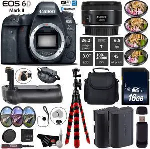 Canon EOS 6D Mark II DSLR Camera With 50mm 1.8 STM Lens + Tripod + Professional Battery Grip + 4PC Macro Filter Kit + LED Kit + Extra Battery + Case + Wrist Strap + Card Reader - Intl Model