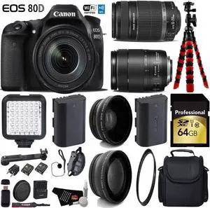 Canon EOS 80D DSLR Camera with 18-135mm is STM Lens & 55-250mm is II Lens + Tripod + LED + UV FLD CPL Filter Kit + Wide Angle & Telephoto Lens + Camera Case + Card Reader - Intl Model