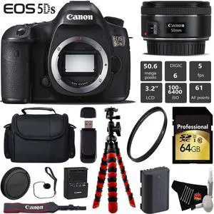 Canon EOS 5DS DSLR Camera With 50mm f/1.8 STM Lens + Wireless Remote + UV Protection Filter + Case + 64GB Memory Card + Tripod + Card Reader Bundle - Intl Model