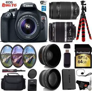 Canon EOS Rebel T6 DSLR Camera with 18-55mm IS Lens & 55-250mm IS II Lens + UV FLD CPL Filter Kit + Camera Case + Wide Angle & Telephoto Lens + Tripod + Card Reader + Bundle (Intl Model)