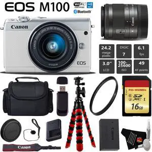 Canon EOS M100 Mirrorless Digital Camera (White) with 15-45mm Lens + Flexible Tripod + UV Protection Filter + Professional Case + Card Reader - International Version
