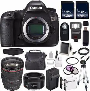 Canon EOS 5DS DSLR Camera (International Model) 0581C002 + Canon EF 24-105mm f/4L is USM Lens + EF 50mm f/1.8 STM Lens + LP-E6 Replacement Battery + Charger + 128GB SDXC Card Bundle