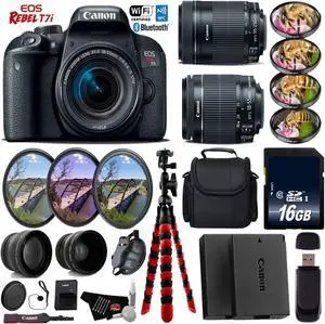 Canon EOS Rebel T7i DSLR Camera + 18-55mm IS STM Lens & 55-250mm IS STM Lens + Tripod + UV FLD CPL Filter Kit + 4 PC Macro Kit + Wide Angle & Telephoto Lens + Case + Card Reader- Intl Model