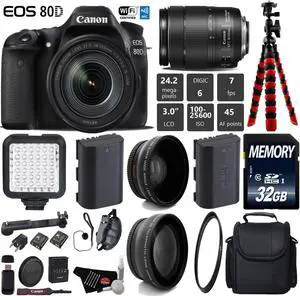 Canon EOS 80D DSLR Camera with 18-135mm is STM Lens + Camera Case + LED + UV FLD CPL Filter Kit + Wide Angle & Telephoto Lens + Tripod + Card Reader - Intl Model