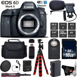 Canon EOS 6D Mark II DSLR Camera (Body Only) + Tripod + Wireless Remote + Condenser Microphone + Case + Wrist Strap + Card Reader - Intl Model