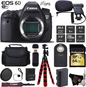 Canon EOS 6D DSLR Camera (Body Only) + Wireless Remote + Condenser Microphone + Case + Wrist Strap + Tripod + Card Reader
