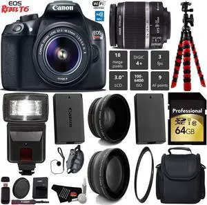Canon EOS Rebel T6 DSLR Camera with 18-55mm IS II Lens + Flash + Wide Angle & Telephoto Lens + UV FLD CPL Filter Kit + Camera Case + Tripod + Card Reader + Bundle (Intl Model)