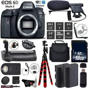 Canon EOS 6D Mark II DSLR Camera (Body Only) + Wrist Strap + Professional Battery Grip + Condenser Microphone + Extra Battery + Case + Tripod + Card Reader - Intl Model