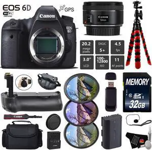 Canon EOS 6D DSLR Camera with 50mm f/1.8 STM Lens + Wrist Strap + Professional Battery Grip + UV FLD CPL Filter Kit + Case + Tripod + Card Reader - Intl Model