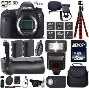 Canon EOS 6D DSLR Camera (Body Only) + Wrist Strap + Professional Battery Grip + Condenser Microphone + Flash + Extra Battery + Case + Tripod + Card Reader