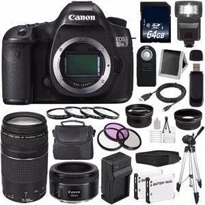 Canon EOS 5DS R DSLR Camera (International Model) 0582C002 + Canon EF 75-300 III+ EF 50mm f/1.8 STM Lens + LP-E6 Replacement Battery + Charger + 64GB SDXC Card Bundle