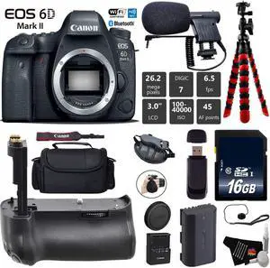 Canon EOS 6D Mark II DSLR Camera (Body Only) + Tripod + Professional Battery Grip + Condenser Microphone + Case + Wrist Strap + Card Reader - Intl Model