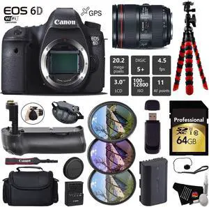 Canon EOS 6D DSLR Camera with 24-105mm f/4L II Lens + Professional Battery Grip + UV FLD CPL Filter Kit + Case + Wrist Strap + Tripod + Card Reader - Intl Model
