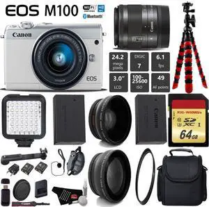 Canon EOS M100 Mirrorless Digital Camera (White) with 15-45mm Lens + LED + UV FLD CPL Filter Kit + Wide Angle & Telephoto Lens + Camera Case + Tripod + Card Reader - International Version