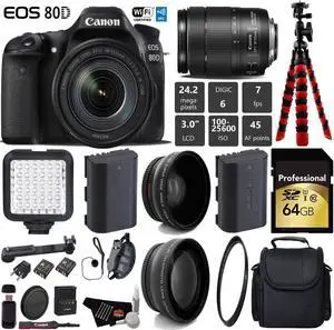 Canon EOS 80D DSLR Camera with 18-135mm is STM Lens + LED + UV FLD CPL Filter Kit + Wide Angle & Telephoto Lens + Camera Case + Tripod + Card Reader - Intl Model