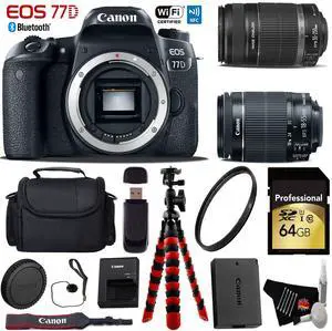 Canon EOS 77D DSLR Camera with 18-55mm is STM Lens & 55-250mm is II Lens + Professional Case + Flexible Tripod + UV Protection Filter + Card Reader - Intl Model