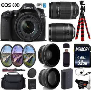 Canon EOS 80D DSLR Camera with 18-135mm is STM Lens & 55-250mm is II Lens + Camera Case + UV FLD CPL Filter Kit + Wide Angle & Telephoto Lens + Tripod + Card Reader - Intl Model