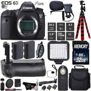 Canon EOS 6D DSLR Camera (Body Only) + Wrist Strap + Professional Battery Grip + Condenser Microphone + LED Kit + Extra Battery + Case + Tripod + Card Reader
