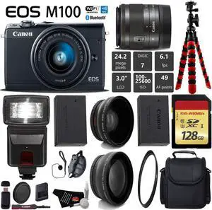 Canon EOS M100 Mirrorless Digital Camera (Black) with 15-45mm Lens + Flash + UV FLD CPL Filter Kit + Wide Angle & Telephoto Lens + Camera Case + Tripod + Card Reader - International Version