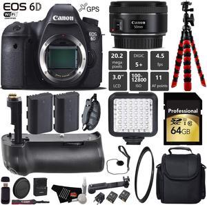 Canon EOS 6D DSLR Camera with 50mm f/1.8 STM Lens + Professional Battery Grip + UV Protection Filter + LED Kit + Extra Battery + Case + Wrist Strap + Tripod + Card Reader - Intl Model