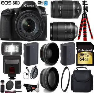 Canon EOS 80D DSLR Camera with 18-135mm is STM Lens & 55-250mm is II Lens + Tripod + Flash + UV FLD CPL Filter Kit + Wide Angle & Telephoto Lens + Case + Card Reader - Intl Model