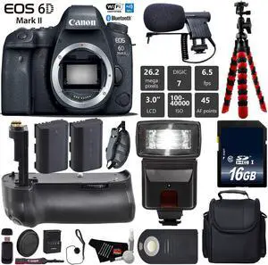 Canon EOS 6D Mark II DSLR Camera (Body Only) + Tripod + Professional Battery Grip + Condenser Microphone + Flash + Extra Battery + Case + Wrist Strap + Card Reader - Intl Model