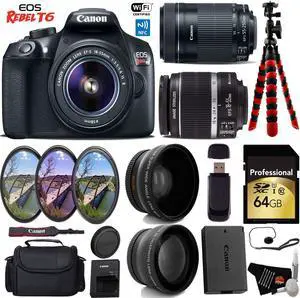 Canon EOS Rebel T6 DSLR Camera with 18-55mm IS Lens & 55-250mm IS STM Lens + UV FLD CPL Filter Kit + Camera Case + Wide Angle & Telephoto Lens + Tripod + Card Reader + Bundle (Intl Model)