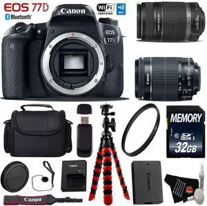 Canon EOS 77D DSLR Camera with 18-55mm is STM Lens & 55-250mm is II Lens + UV Protection Filter + Flexible Tripod + Professional Case + Card Reader - Intl Model