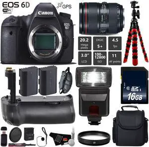 Canon EOS 6D DSLR Camera with 24-105mm f/4L II Lens + Professional Battery Grip + Tripod + UV Protection Filter + Flash + Extra Battery + Case + Wrist Strap + Card Reader - Intl Model