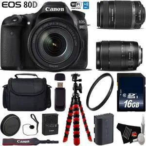 Canon EOS 80D DSLR Camera with 18-135mm is STM Lens & 55-250mm is II Lens + Flexible Tripod + UV Protection Filter + Professional Case + Card Reader - Intl Model