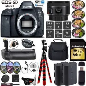 Canon EOS 6D Mark II DSLR Camera With 50mm 1.8 STM Lens + Professional Battery Grip + 4PC Macro Filter Kit + LED Kit + Extra Battery + Case + Wrist Strap + Tripod + Card Reader - Intl Model