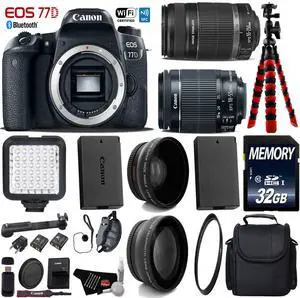 Canon EOS 77D DSLR Camera with 18-55mm is STM Lens & 55-250mm is II Lens + Camera Case + LED + UV FLD CPL Filter Kit + Wide Angle & Telephoto Lens + Tripod + Card Reader - Intl Model