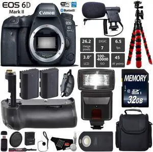 Canon EOS 6D Mark II DSLR Camera (Body Only) + Wrist Strap + Professional Battery Grip + Condenser Microphone + Flash + Extra Battery + Case + Tripod + Card Reader - Intl Model