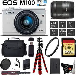 Canon EOS M100 Mirrorless Digital Camera (White) with 15-45mm Lens + Flexible Tripod + UV Protection Filter + Professional Case + Card Reader - International Version