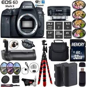 Canon EOS 6D Mark II DSLR Camera With 24mm 2.8 STM Lens + Wrist Strap + Professional Battery Grip + 4PC Macro Filter Kit + LED Kit + Extra Battery + Case + Tripod + Card Reader - Intl Model