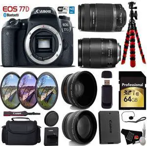 Canon EOS 77D DSLR Camera with 18-135mm is STM Lens & 55-250mm is II Lens + Tripod + UV FLD CPL Filter Kit + Wide Angle & Telephoto Lens + Camera Case + Card Reader - Intl Model