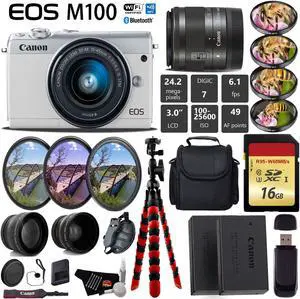 Canon EOS M100 Mirrorless Digital Camera (White) with 15-45mm Lens + UV FLD CPL Filter Kit + 4 PC Macro Kit + Wide Angle & Telephoto Lens + Camera Case + Tripod + Card Reader - International Version