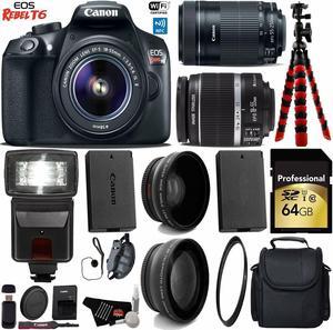 Canon EOS Rebel T6 DSLR Camera with 18-55mm IS Lens & 55-250mm IS STM Lens + Flash + Wide Angle & Telephoto Lens + UV FLD CPL Filter Kit + Camera Case + Tripod + Card Reader + Bundle (Intl Model)