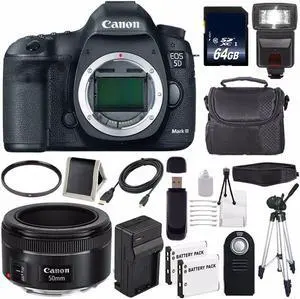 Canon EOD 5D III Digital Camera International Model + Canon EF 50mm f/1.8 STM Lens + 64GB SDXC Class 10 Card Bundle