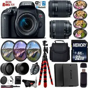 Canon EOS Rebel T7i DSLR Camera + 18-55mm IS STM Lens & 55-250mm IS STM Lens + Wide Angle & Telephoto Lens + Case + UV FLD CPL Filter Kit + 4 PC Macro Kit + Tripod + Card Reader- Intl Model