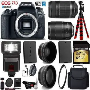 Canon EOS 77D DSLR Camera with 18-135mm is STM Lens & 55-250mm is II Lens + Tripod + Flash + UV FLD CPL Filter Kit + Wide Angle & Telephoto Lens + Case + Card Reader - Intl Model