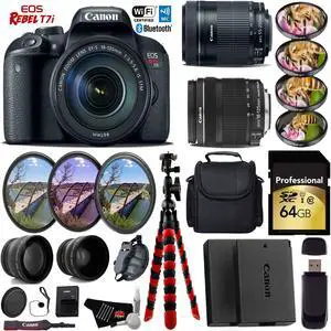 Canon EOS Rebel T7i DSLR Camera + 18-135mm STM Lens & 55-250mm IS STM Lens + UV FLD CPL Filter Kit + 4 PC Macro Kit + Wide Angle & Telephoto Lens + Case + Tripod + Card Reader- Intl Model