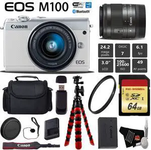 Canon EOS M100 Mirrorless Digital Camera (White) with 15-45mm Lens + Flexible Tripod + UV Protection Filter + Professional Case + Card Reader - International Version