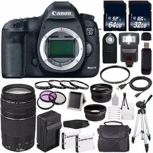 Canon EOD 5D III Digital Camera International Model + Canon EF 75-300 III + Charger + 64GB SDXC Card Bundle